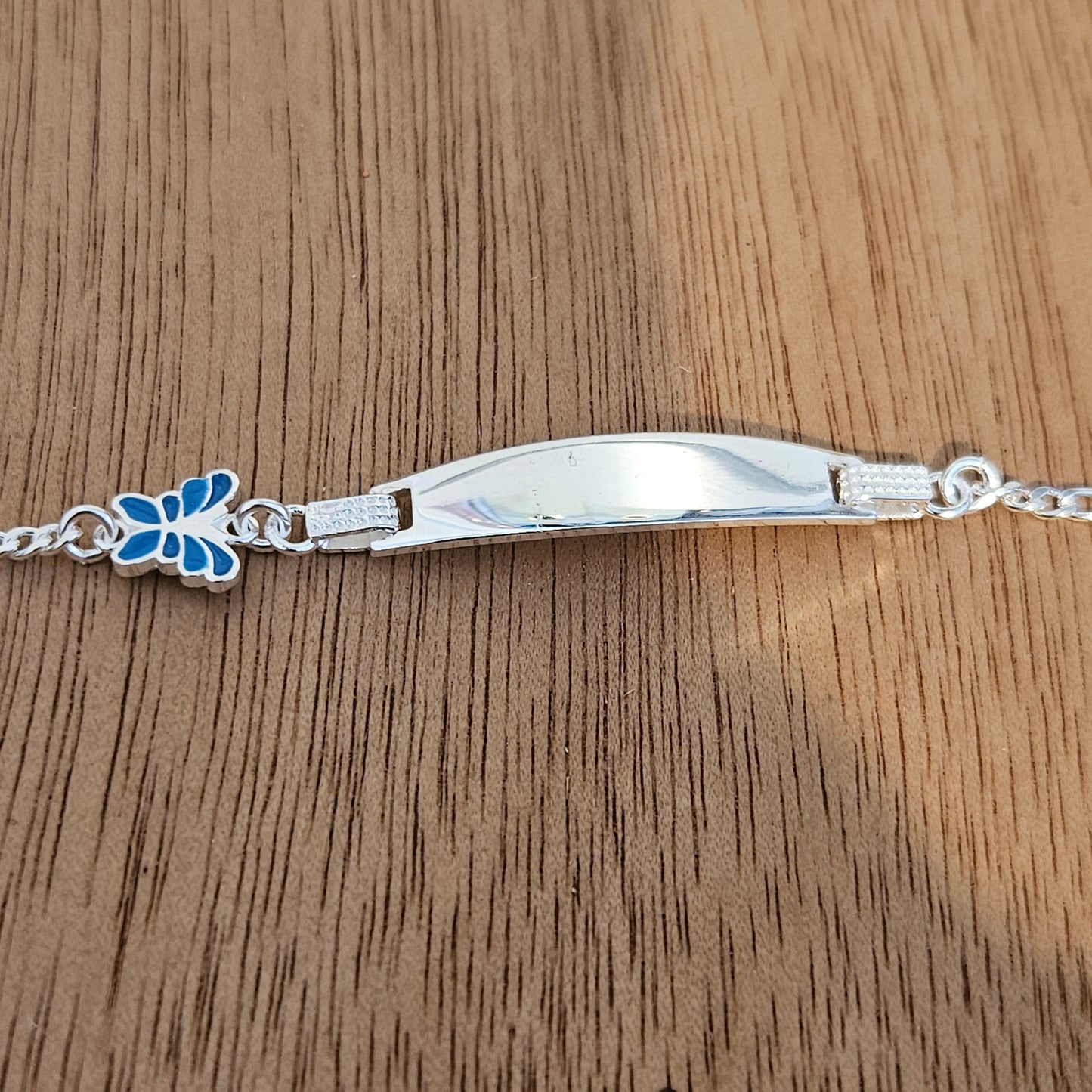 Butterfly Charm Kids ID Plate Silver Bracelet 6"L , Figaro Unisex - Great for Kids 5 to 10 years