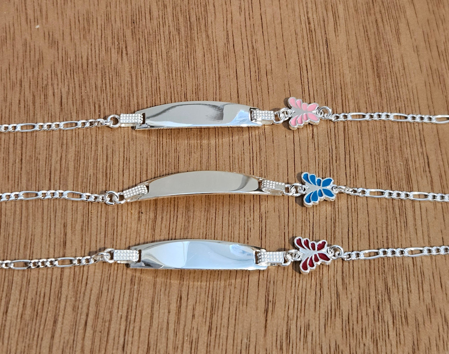 Butterfly Charm Kids ID Plate Silver Bracelet 6"L , Figaro Unisex - Great for Kids 5 to 10 years