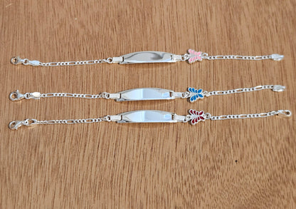 Butterfly Charm Kids ID Plate Silver Bracelet 6"L , Figaro Unisex - Great for Kids 5 to 10 years