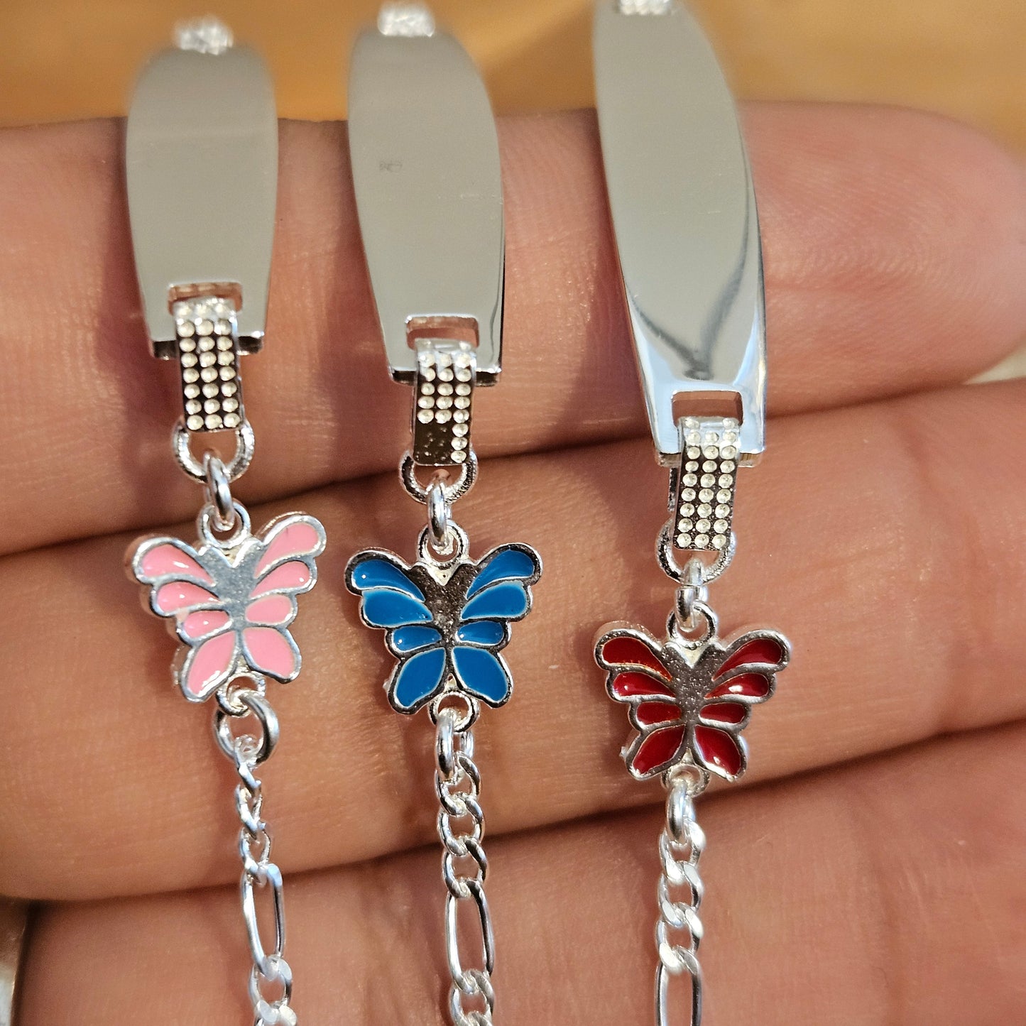 Butterfly Charm Kids ID Plate Silver Bracelet 6"L , Figaro Unisex - Great for Kids 5 to 10 years