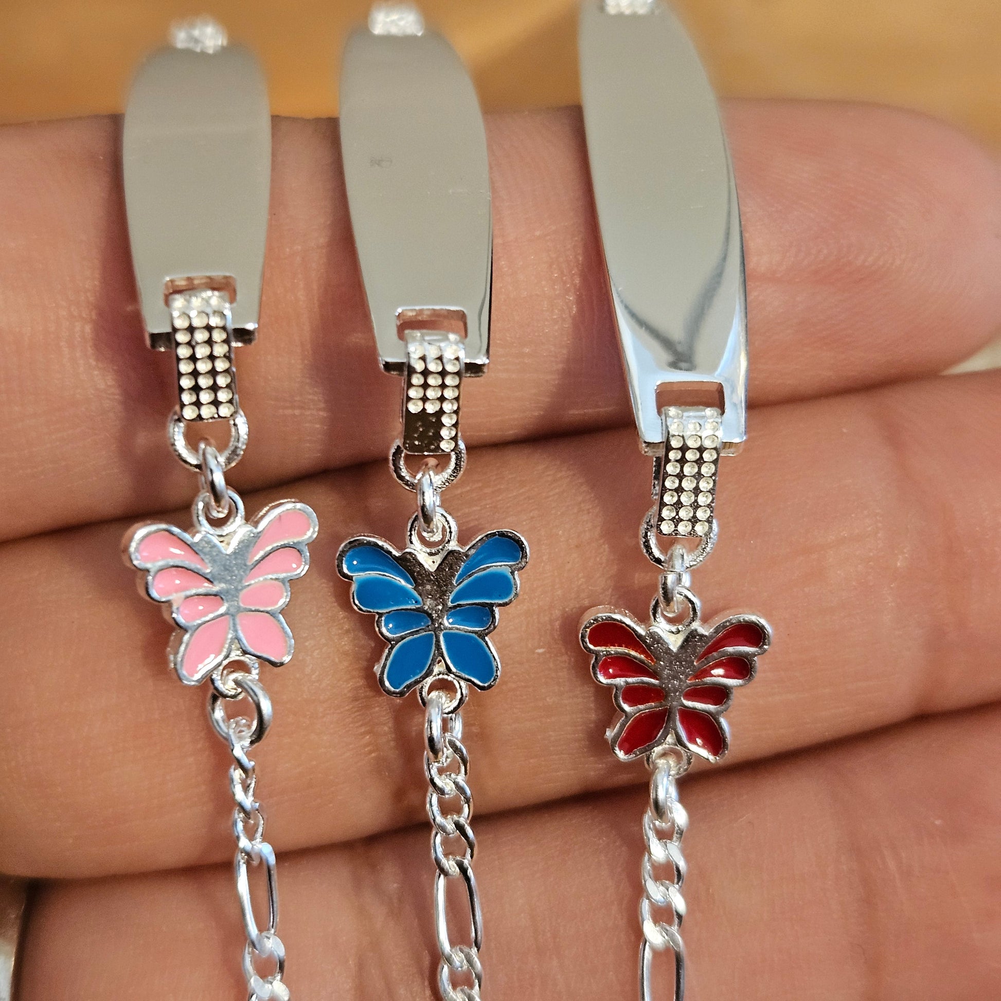 Butterfly Charm Kids ID Plate Silver Bracelet 6"L , Figaro Unisex - Great for Kids 5 to 10 years