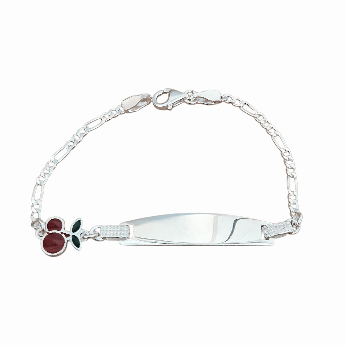 Cherry Charm Kids ID Plate Silver Bracelet 6"L , Figaro Unisex - Great for older Kids 6 to 10 years