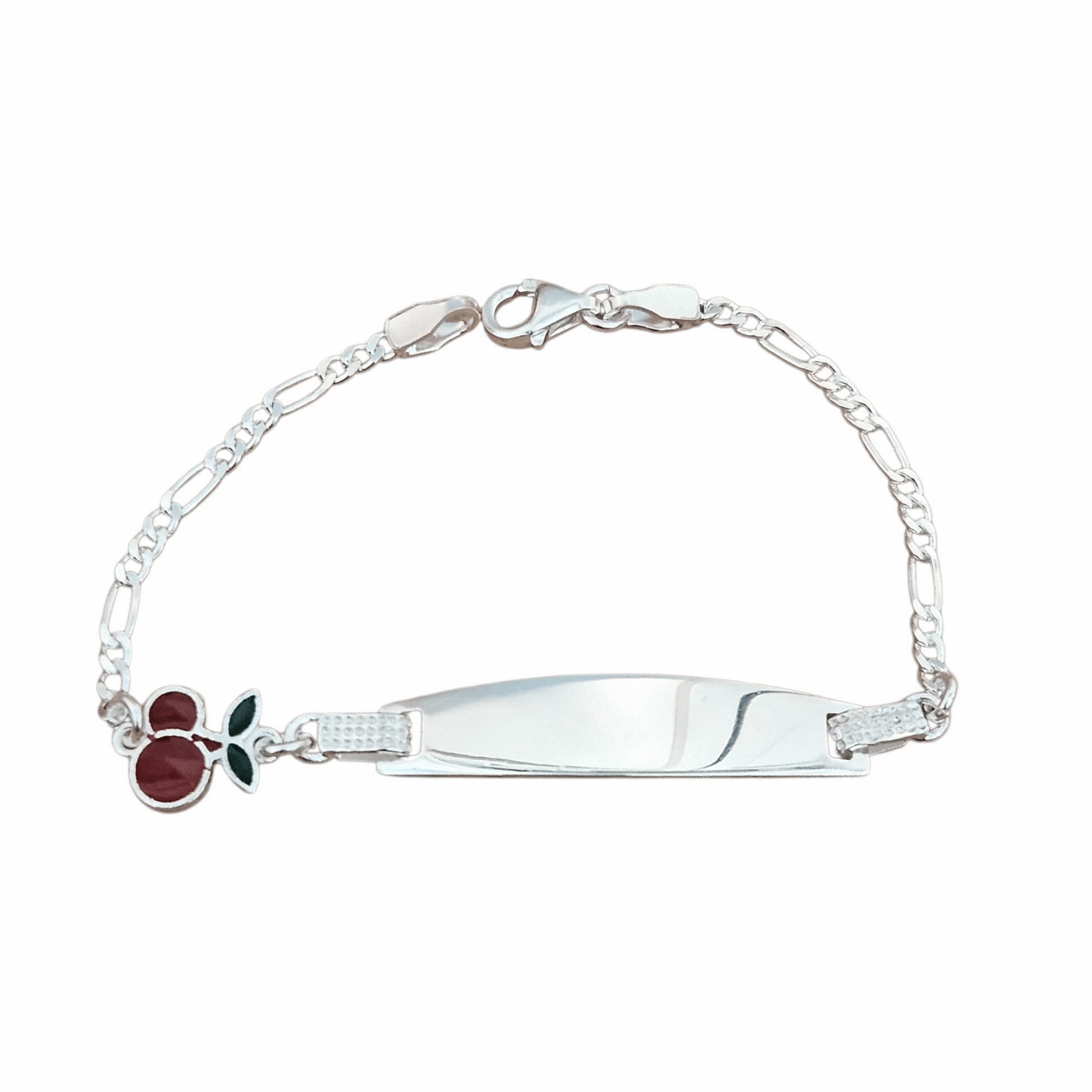 Cherry Charm Kids ID Plate Silver Bracelet 6"L , Figaro Unisex - Great for older Kids 6 to 10 years