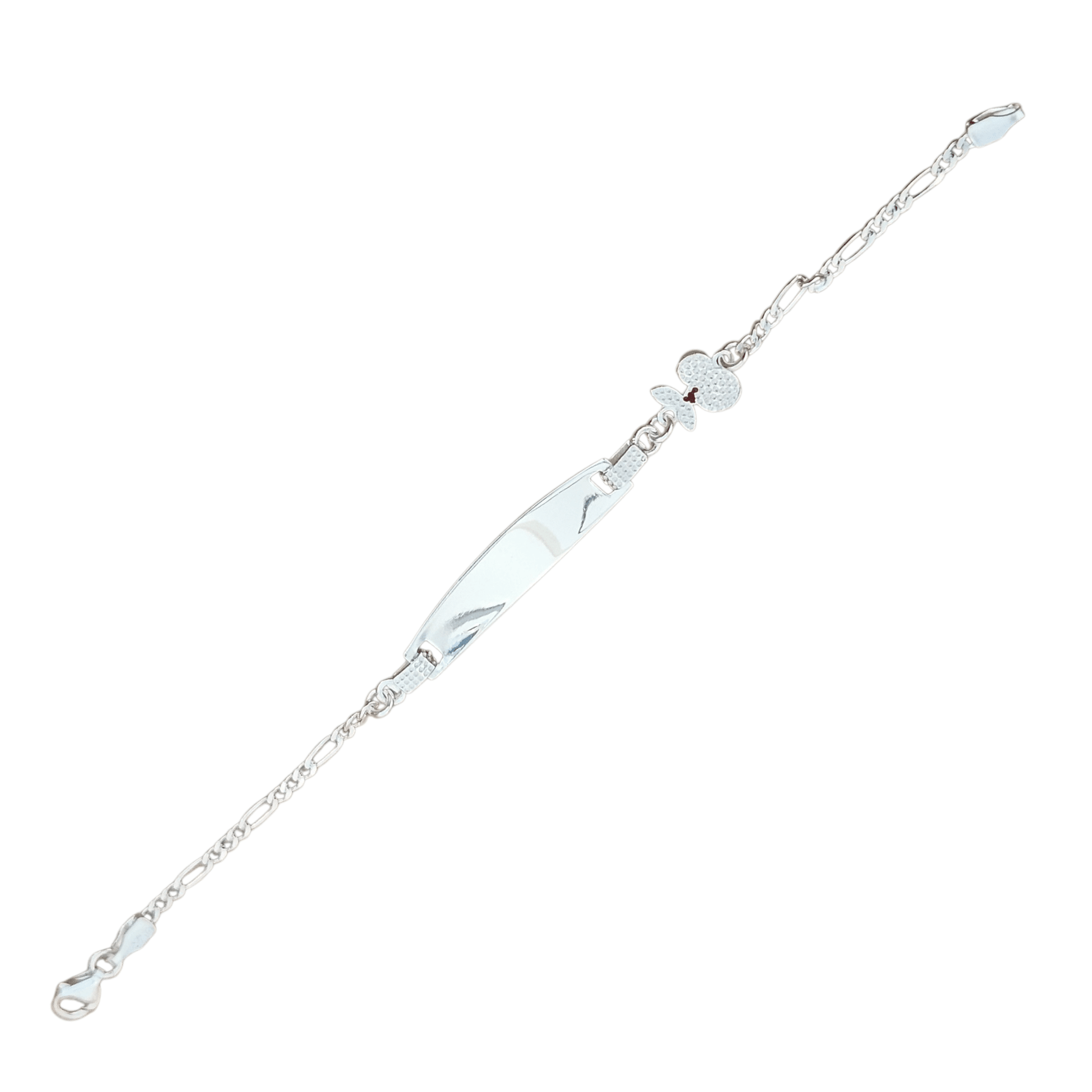 Cherry Charm Kids ID Plate Silver Bracelet 6"L , Figaro Unisex - Great for older Kids 6 to 10 years