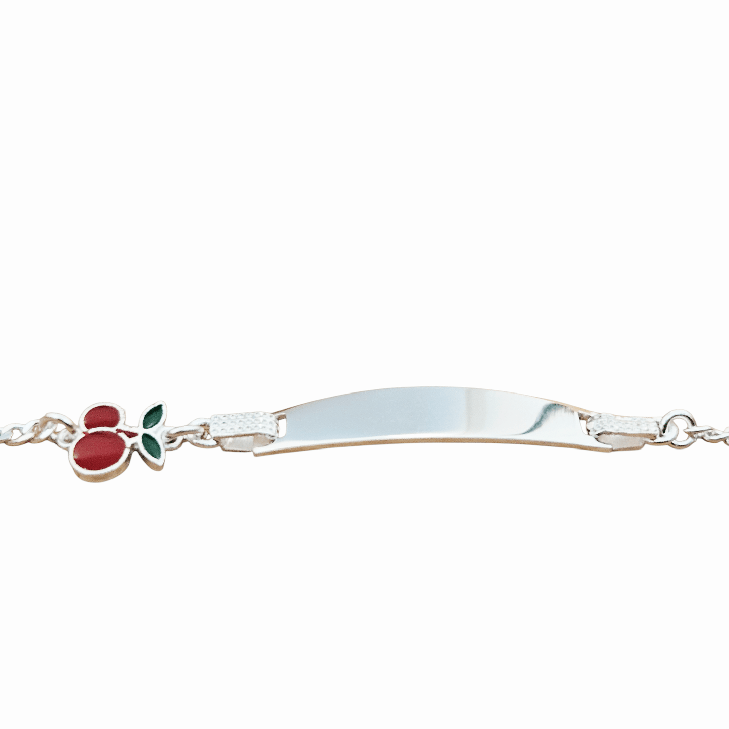 Cherry Charm Kids ID Plate Silver Bracelet 6"L , Figaro Unisex - Great for older Kids 6 to 10 years