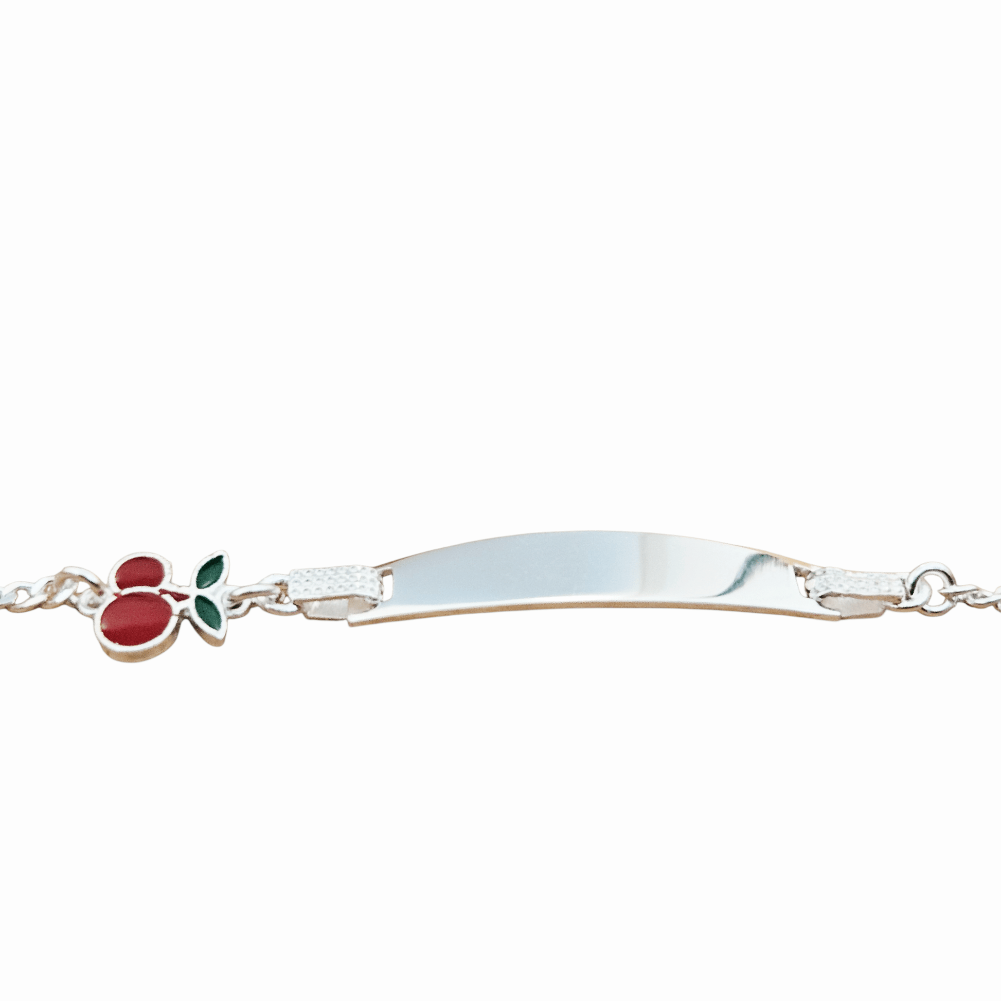 Cherry Charm Kids ID Plate Silver Bracelet 6"L , Figaro Unisex - Great for older Kids 6 to 10 years