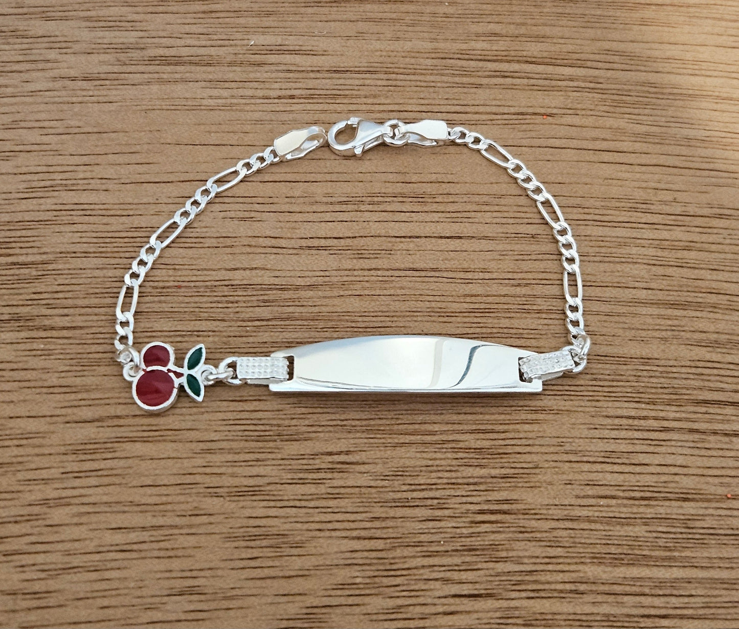 Cherry Charm Kids ID Plate Silver Bracelet 6"L , Figaro Unisex - Great for older Kids 6 to 10 years