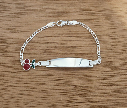 Cherry Charm Kids ID Plate Silver Bracelet 6"L , Figaro Unisex - Great for older Kids 6 to 10 years