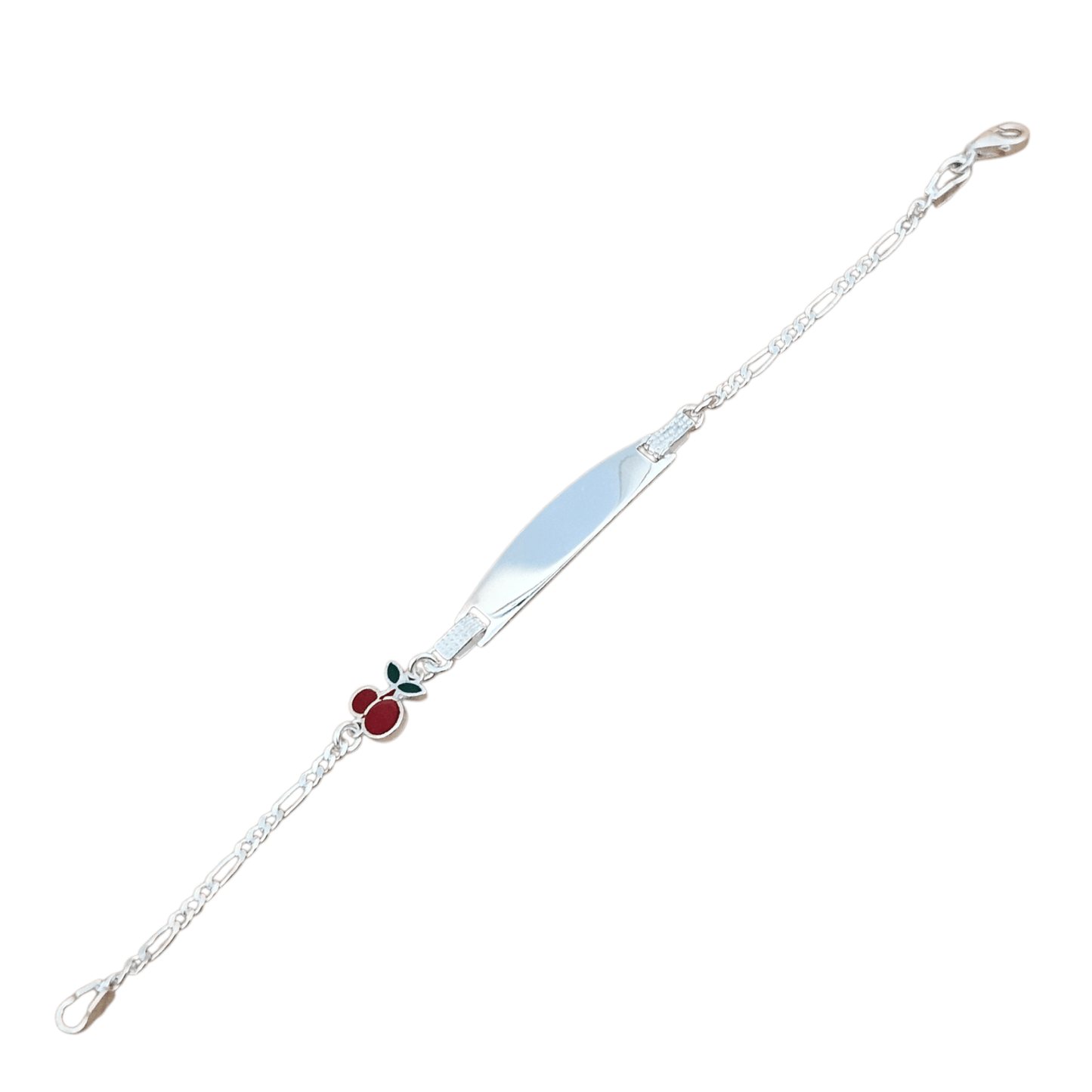 Cherry Charm Kids ID Plate Silver Bracelet 6"L , Figaro Unisex - Great for older Kids 6 to 10 years