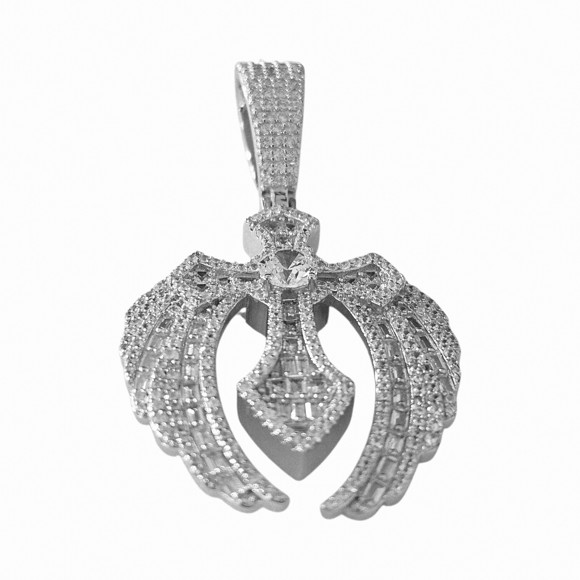 Cross with Angel Wings Pendant Silver S925 with White Cubic Zirconia Stones Large Fancy Bail