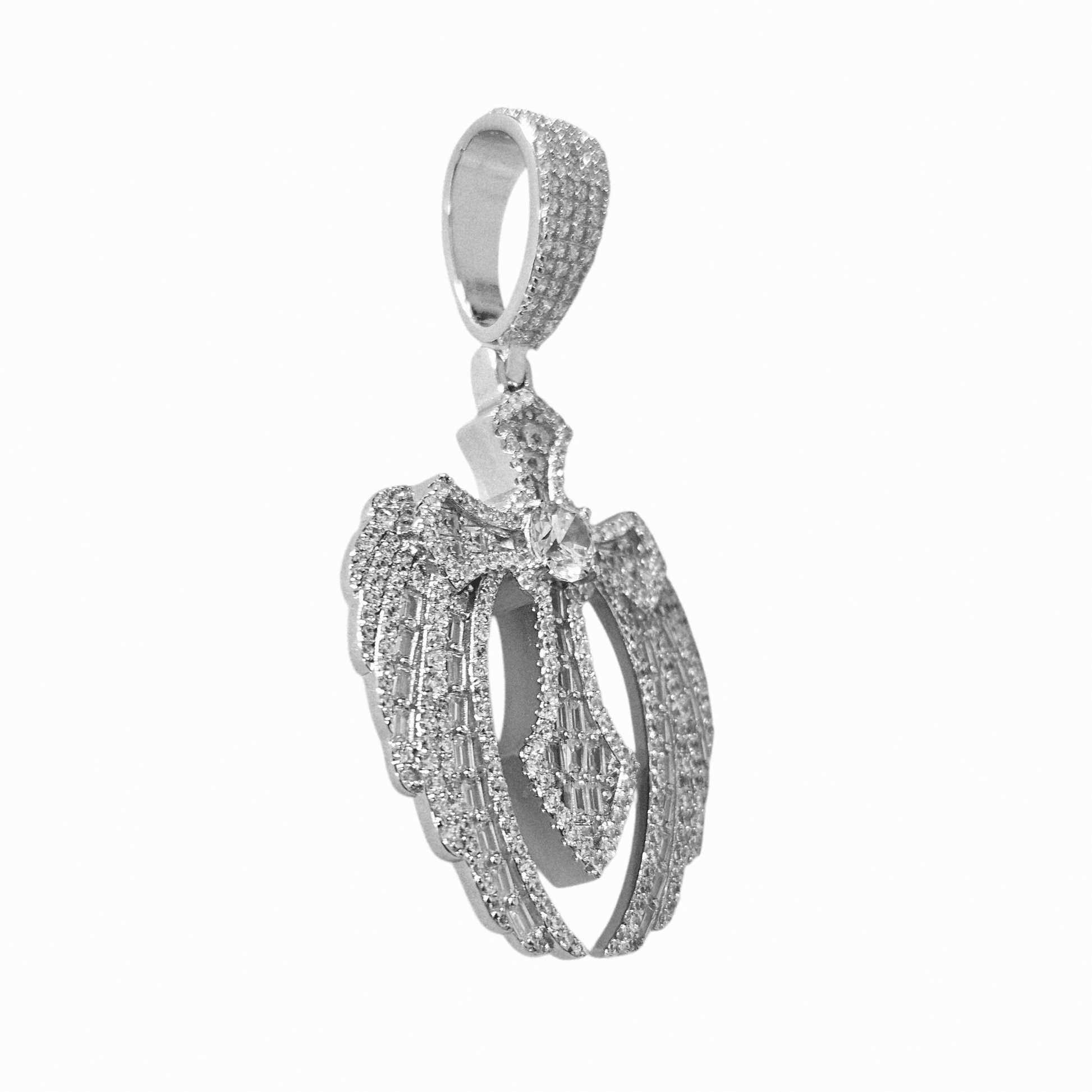 Cross with Angel Wings Pendant Silver S925 with White Cubic Zirconia Stones Large Fancy Bail