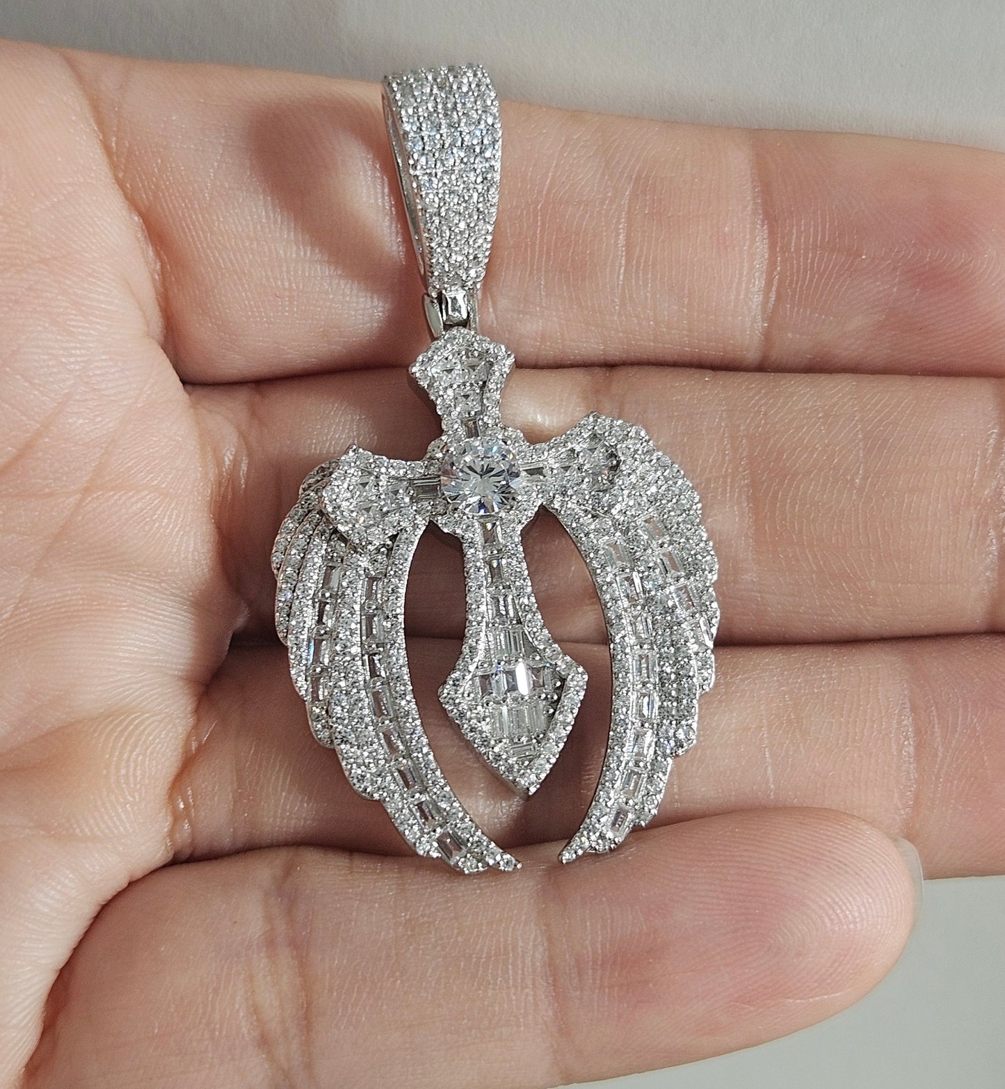 Cross with Angel Wings Pendant Silver S925 with White Cubic Zirconia Stones Large Fancy Bail