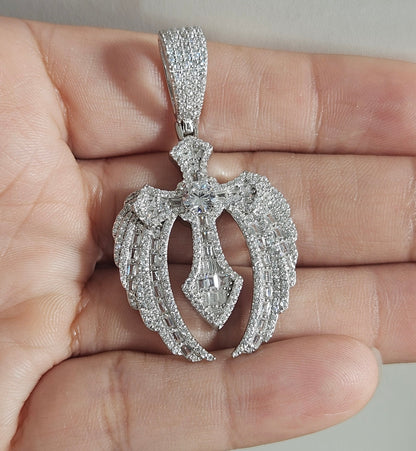 Cross with Angel Wings Pendant Silver S925 with White Cubic Zirconia Stones Large Fancy Bail