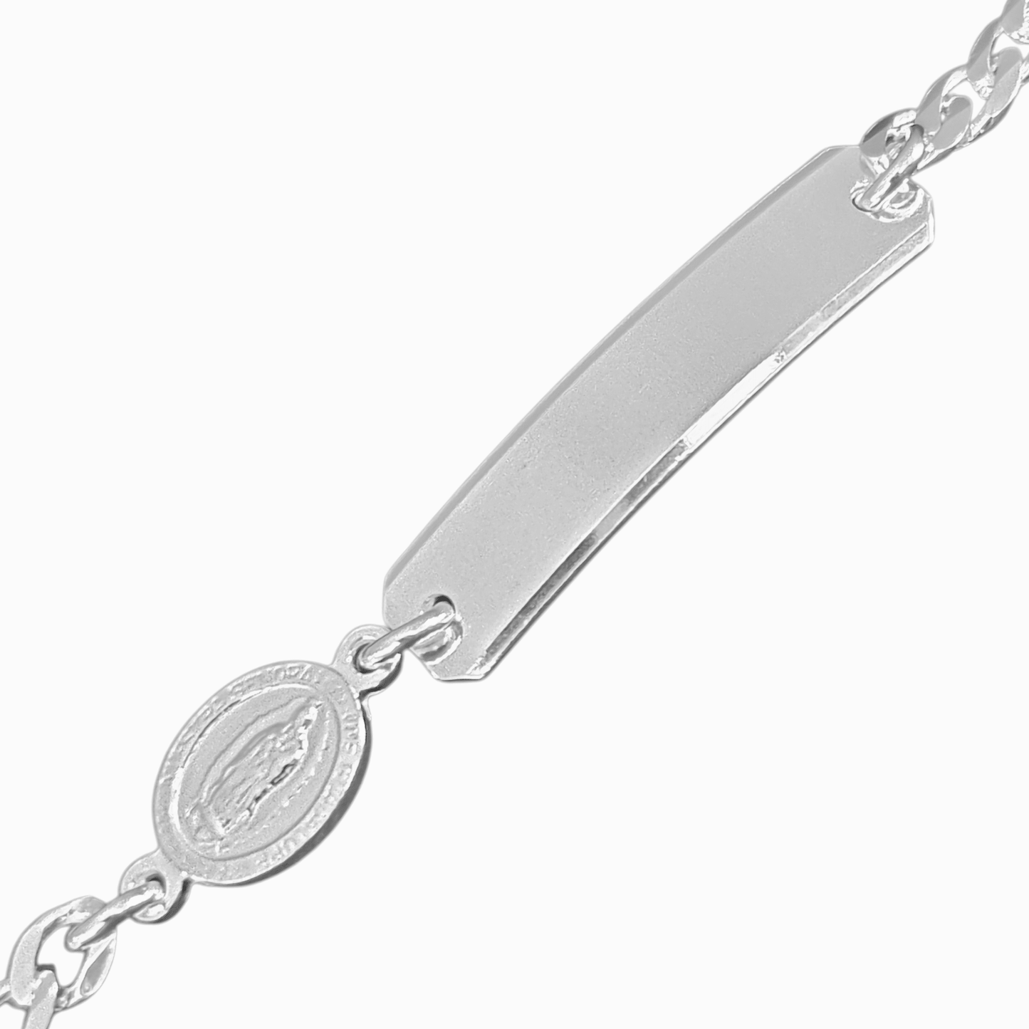 Cuban Kids ID Plate with Virgen Maria Silver 925 Bracelet 6"L Silver 925, Unisex - Great for older Kids 6 to 10 years
