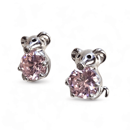 Cute Mouse Girls Stud Earrings Silver 925 with Pink CZ Stone