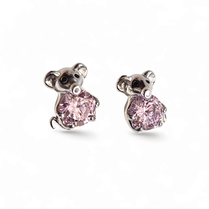 Cute Mouse Girls Stud Earrings Silver 925 with Pink CZ Stone