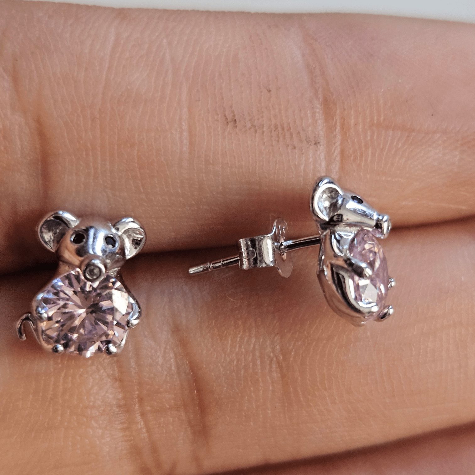 Cute Mouse Girls Stud Earrings Silver 925 with Pink CZ Stone