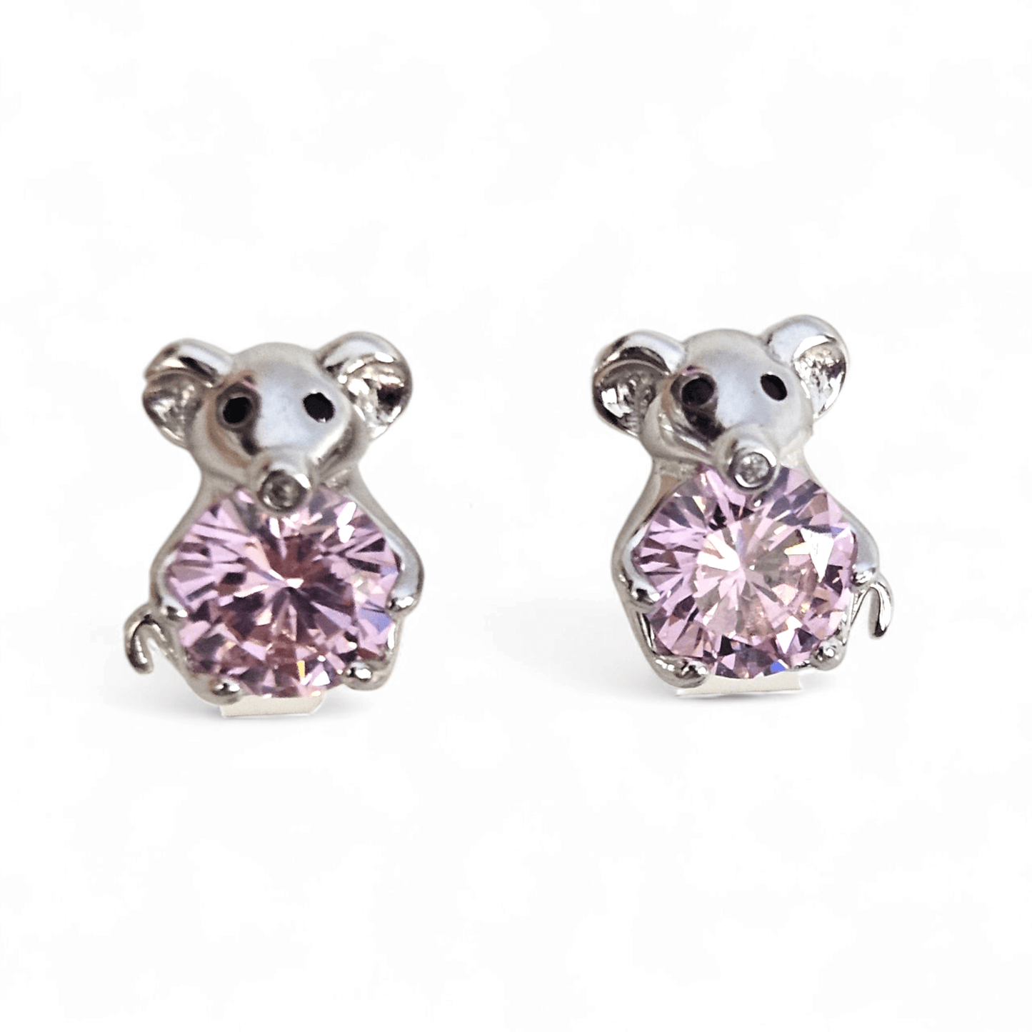 Cute Mouse Girls Stud Earrings Silver 925 with Pink CZ Stone