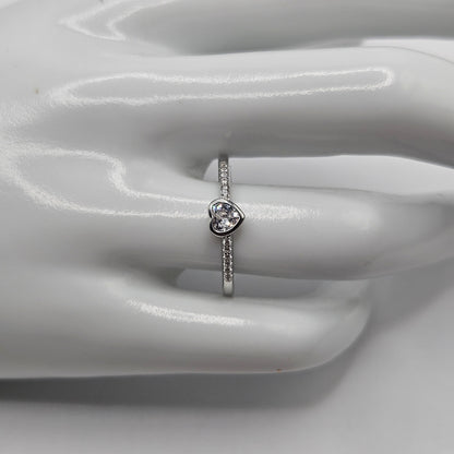 Dainty Heart Solid Silver 925 Ring Band with White Cubic Zirconia Stones