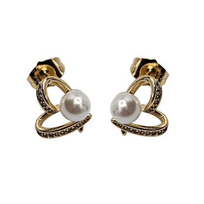 Fancy Heart and Pearl Stud Earrings 14k Gold Plated