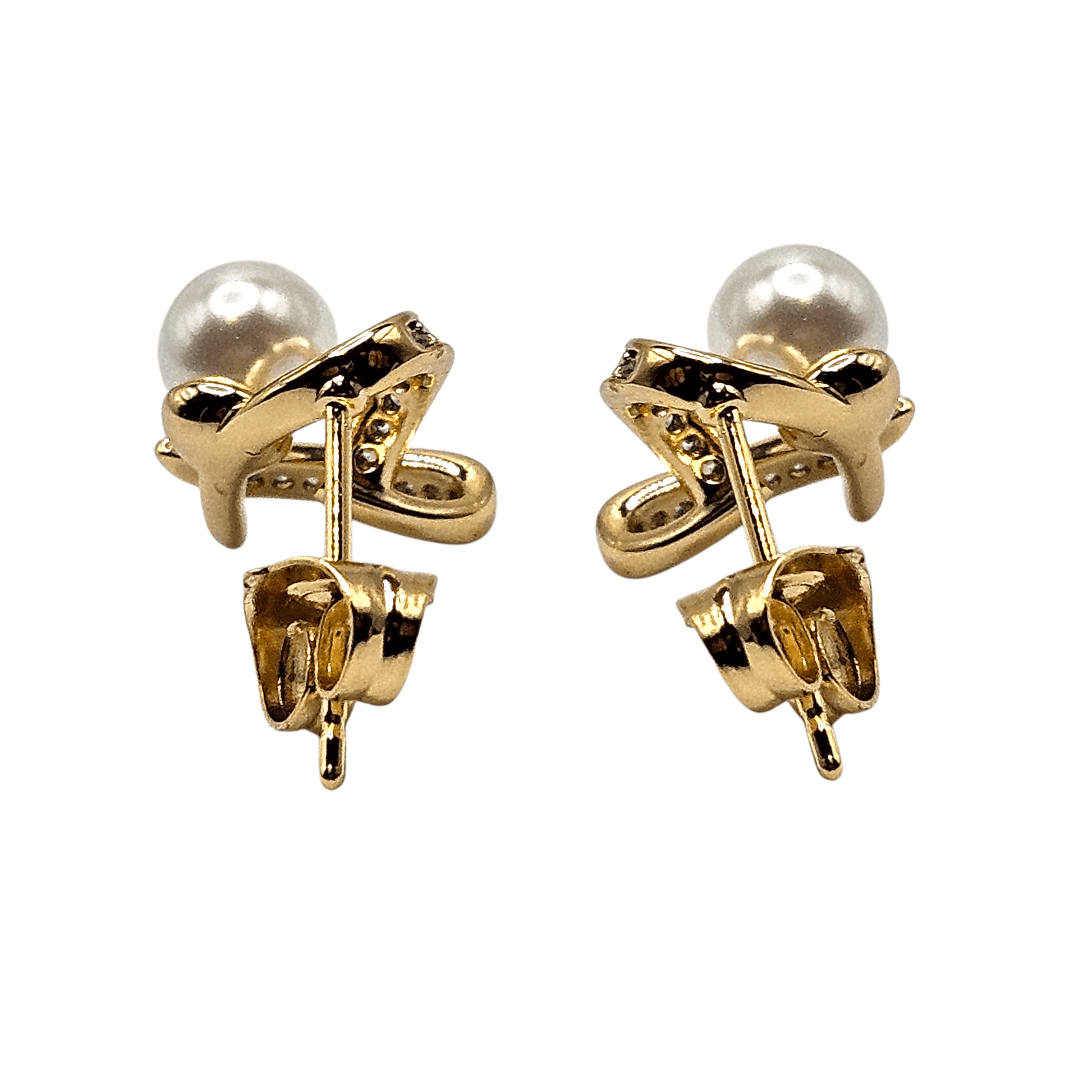 Fancy Heart and Pearl Stud Earrings 14k Gold Plated