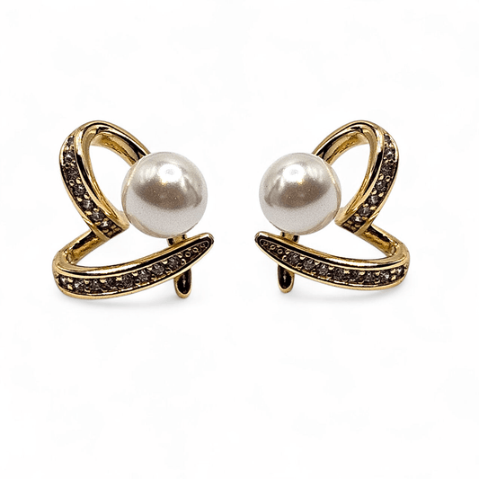 Fancy Heart and Pearl Stud Earrings 14k Gold Plated
