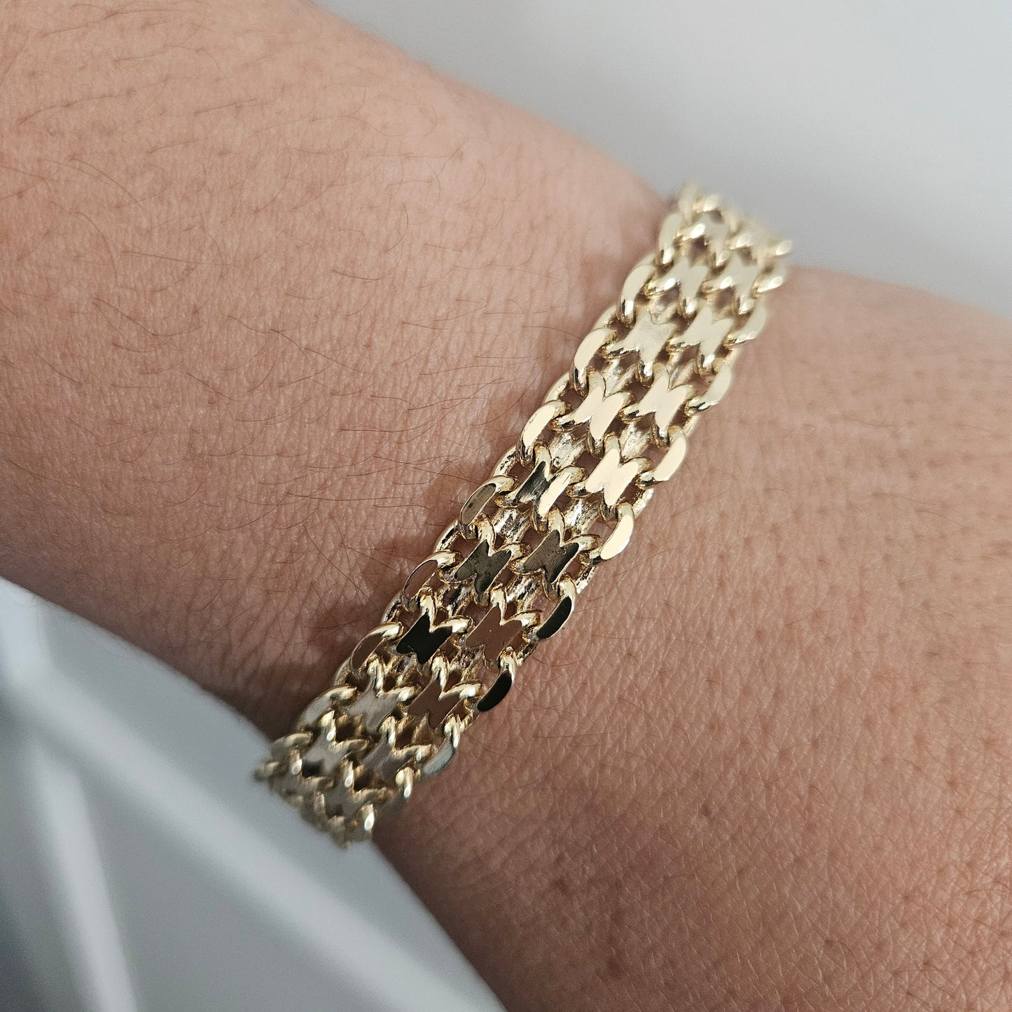 Fancy Mesh and Link 14K Gold Plated Bracelet for Women 10mm Wide 7.25" Long