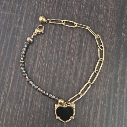 Fancy Paperclip and Beads 14K Gold over Stainless Steel Plated Bracelet