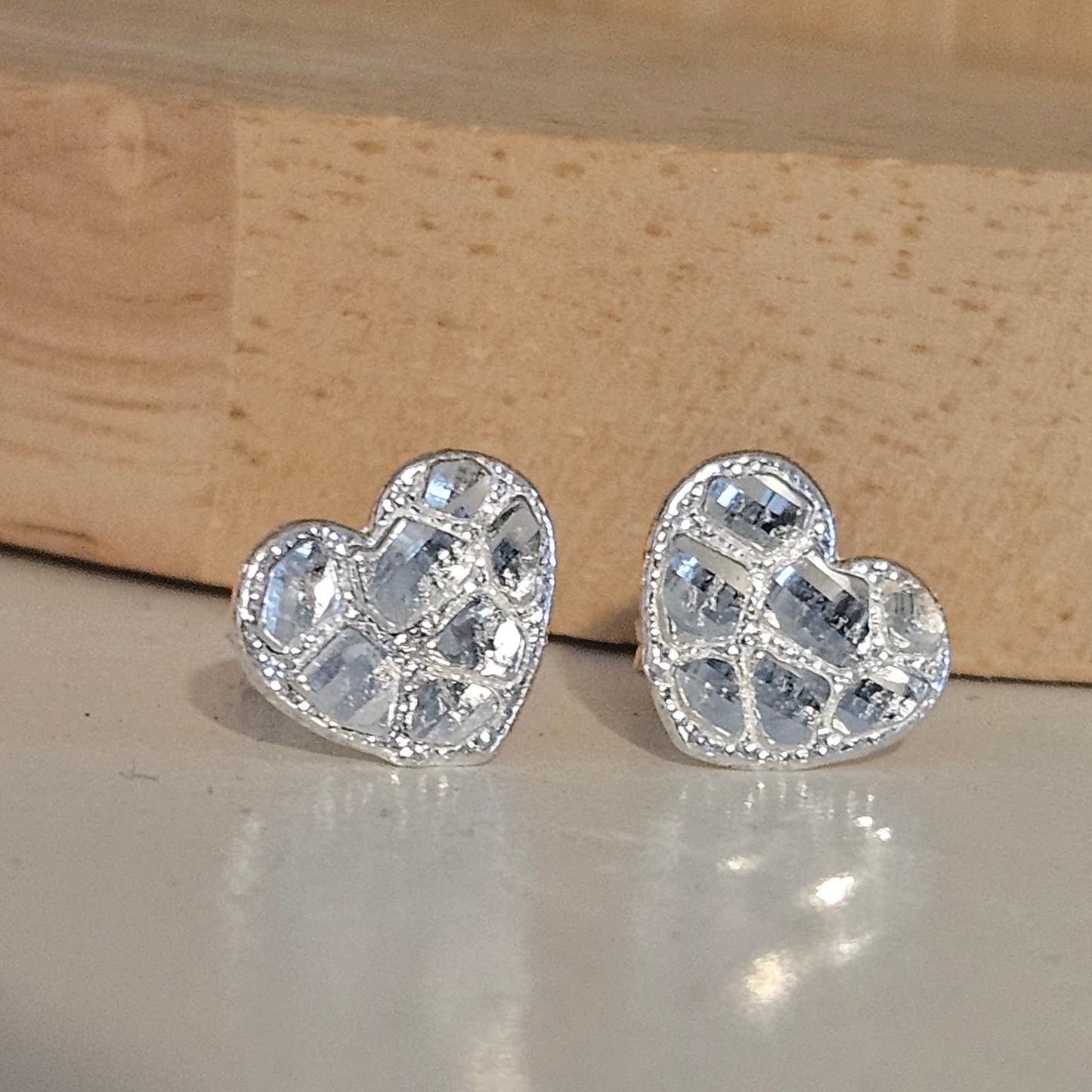 Flat Heart Nugget Stud Earrings Silver 925