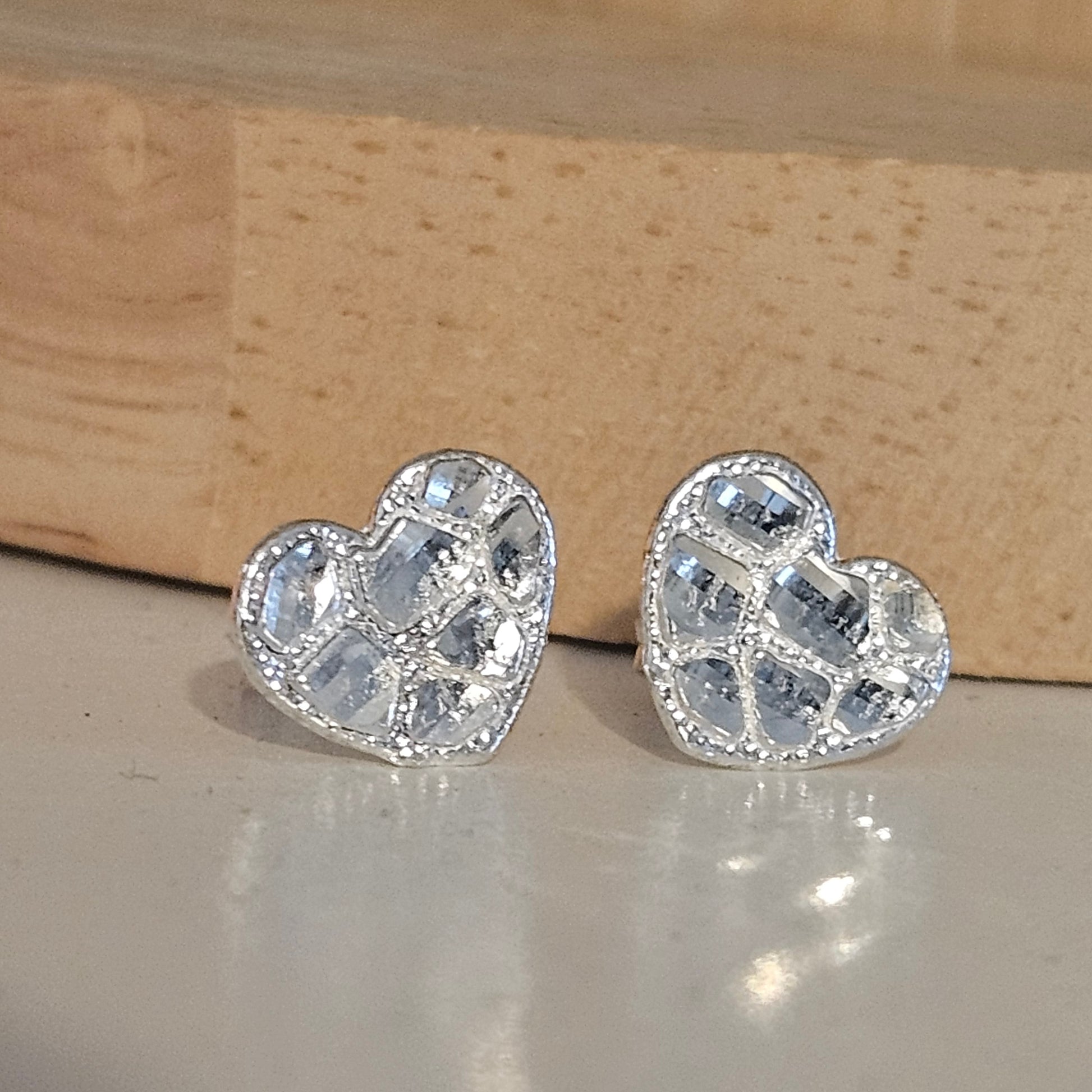 Flat Heart Nugget Stud Earrings Silver 925