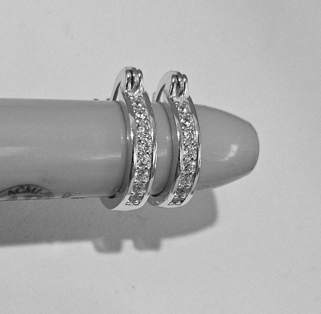Flat Hoop Earrings Silver S925 14mm and 16mm with White Cubic Zirconia Stones