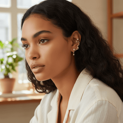 Flower 18K Gold Plated Ear Cuff with Pearls and Cubic Zirconia Stones Adjustable - One Piece