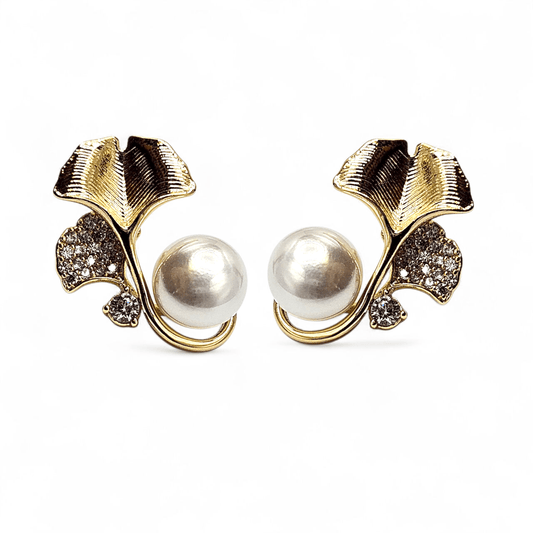 Flower and Pearl Stud Earrings 14k Gold Plated