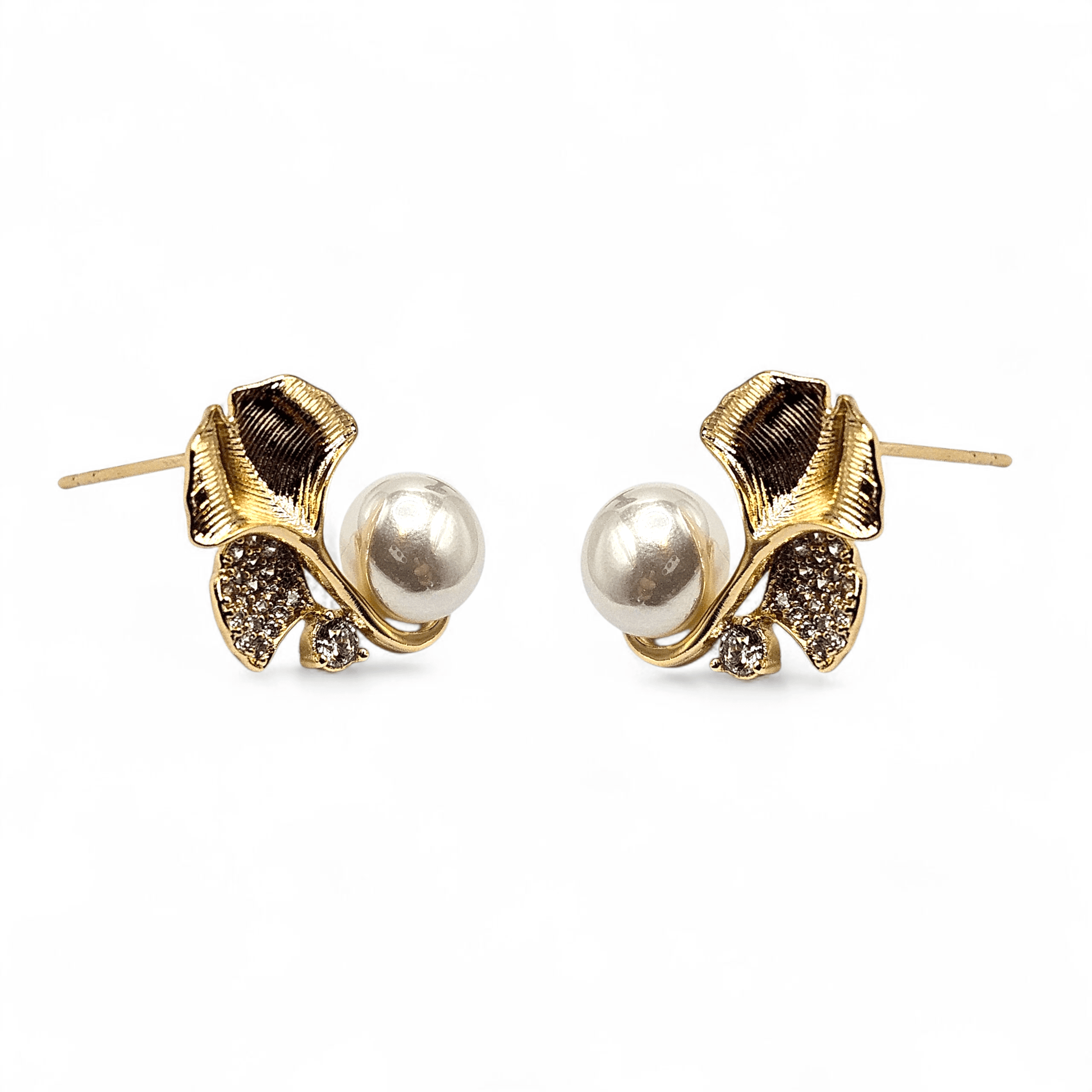 Flower and Pearl Stud Earrings 14k Gold Plated
