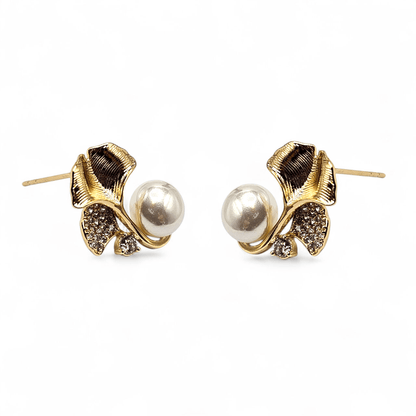 Flower and Pearl Stud Earrings 14k Gold Plated