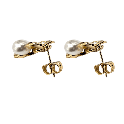 Flower and Pearl Stud Earrings 14k Gold Plated
