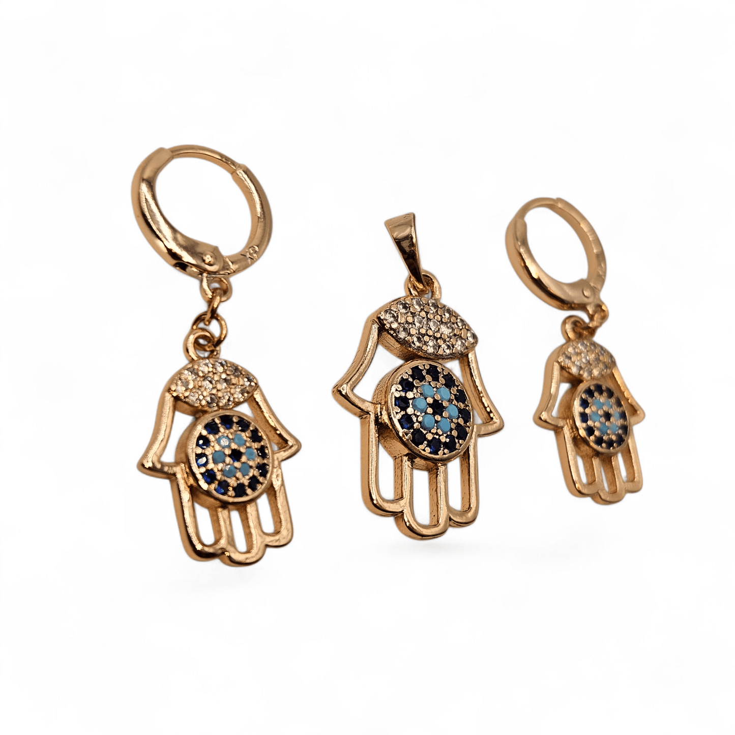 Hamsa Hand Earrings and Pendant 18K Gold Plated Set