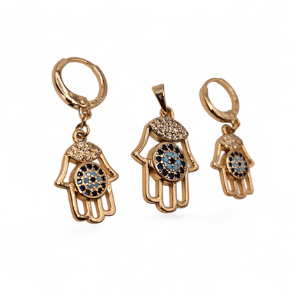 Hamsa Hand Earrings and Pendant 18K Gold Plated Set