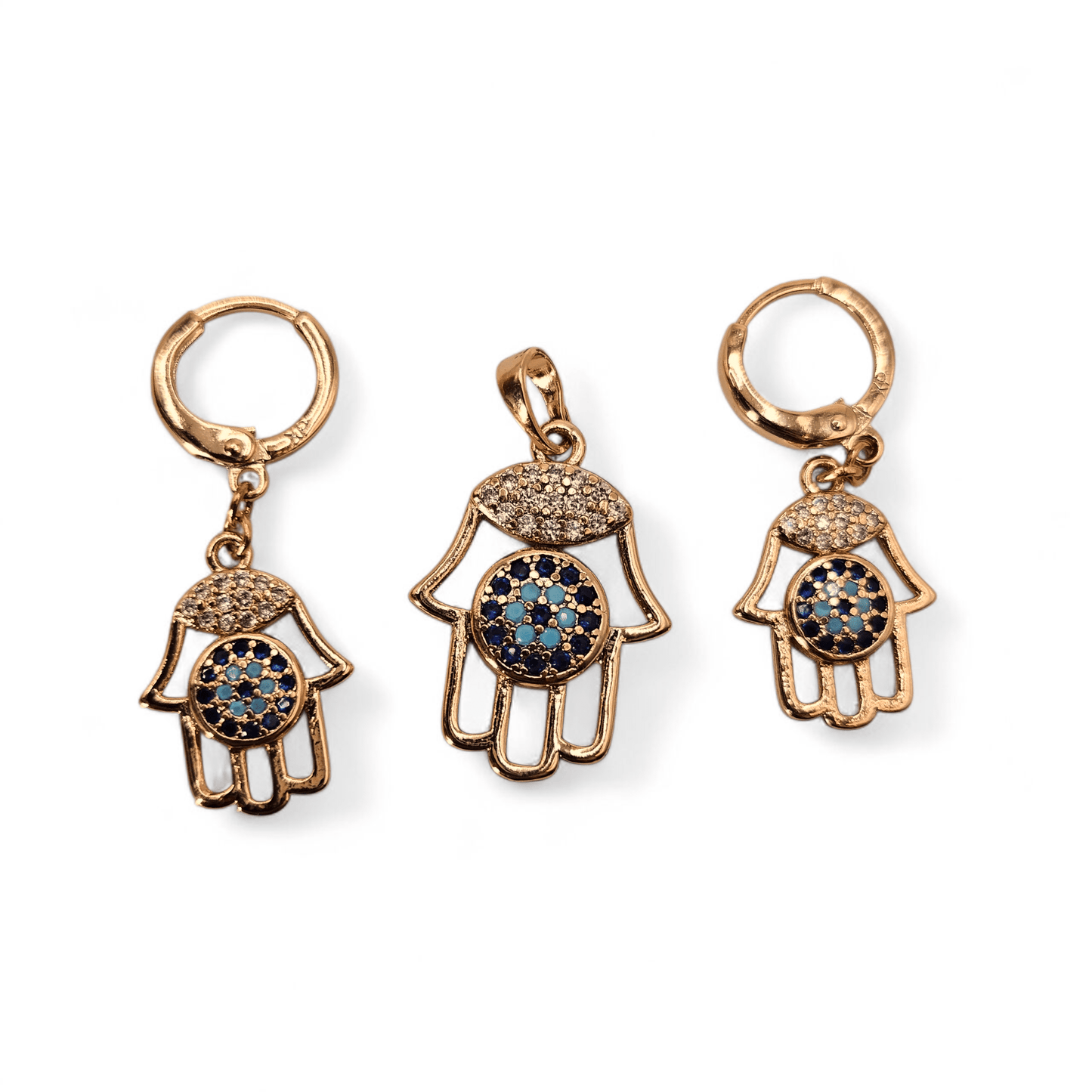 Hamsa Hand Earrings and Pendant 18K Gold Plated Set