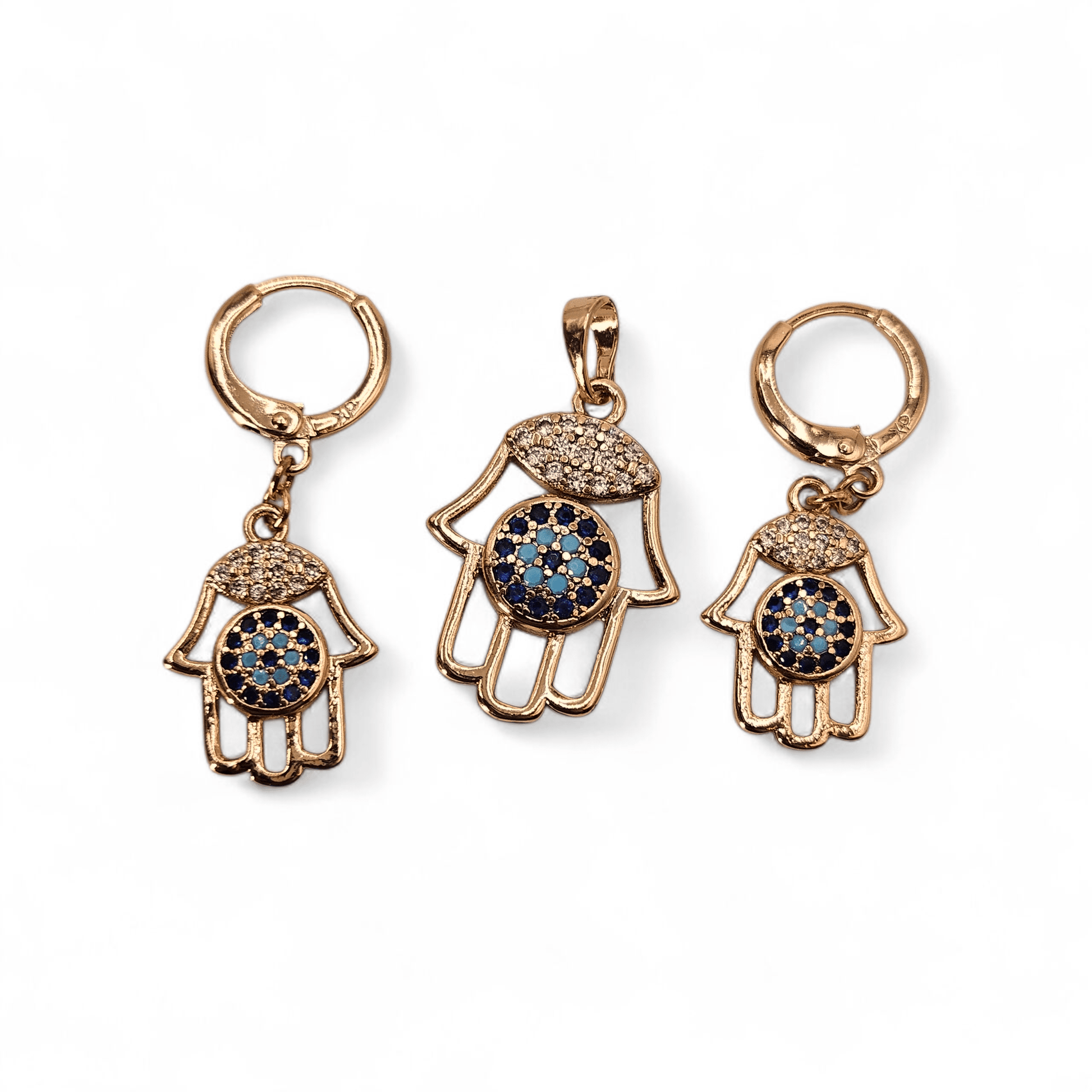 Hamsa Hand Earrings and Pendant 18K Gold Plated Set