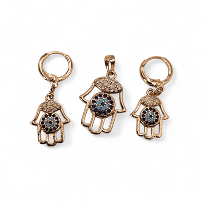 Hamsa Hand Earrings and Pendant 18K Gold Plated Set