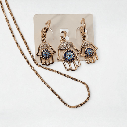 Hamsa Hand Earrings and Pendant 18K Gold Plated Set