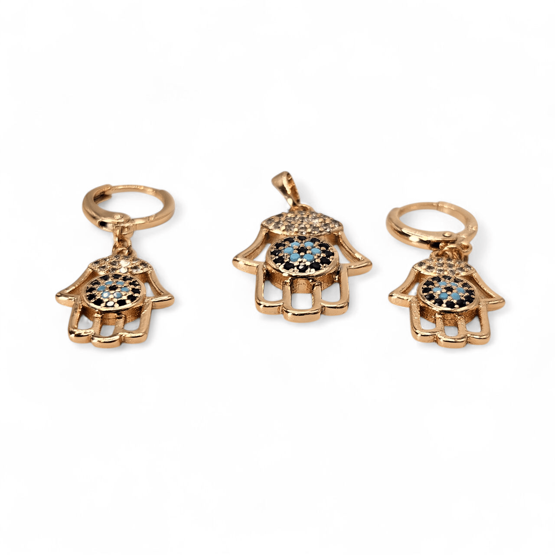 Hamsa Hand Earrings and Pendant 18K Gold Plated Set