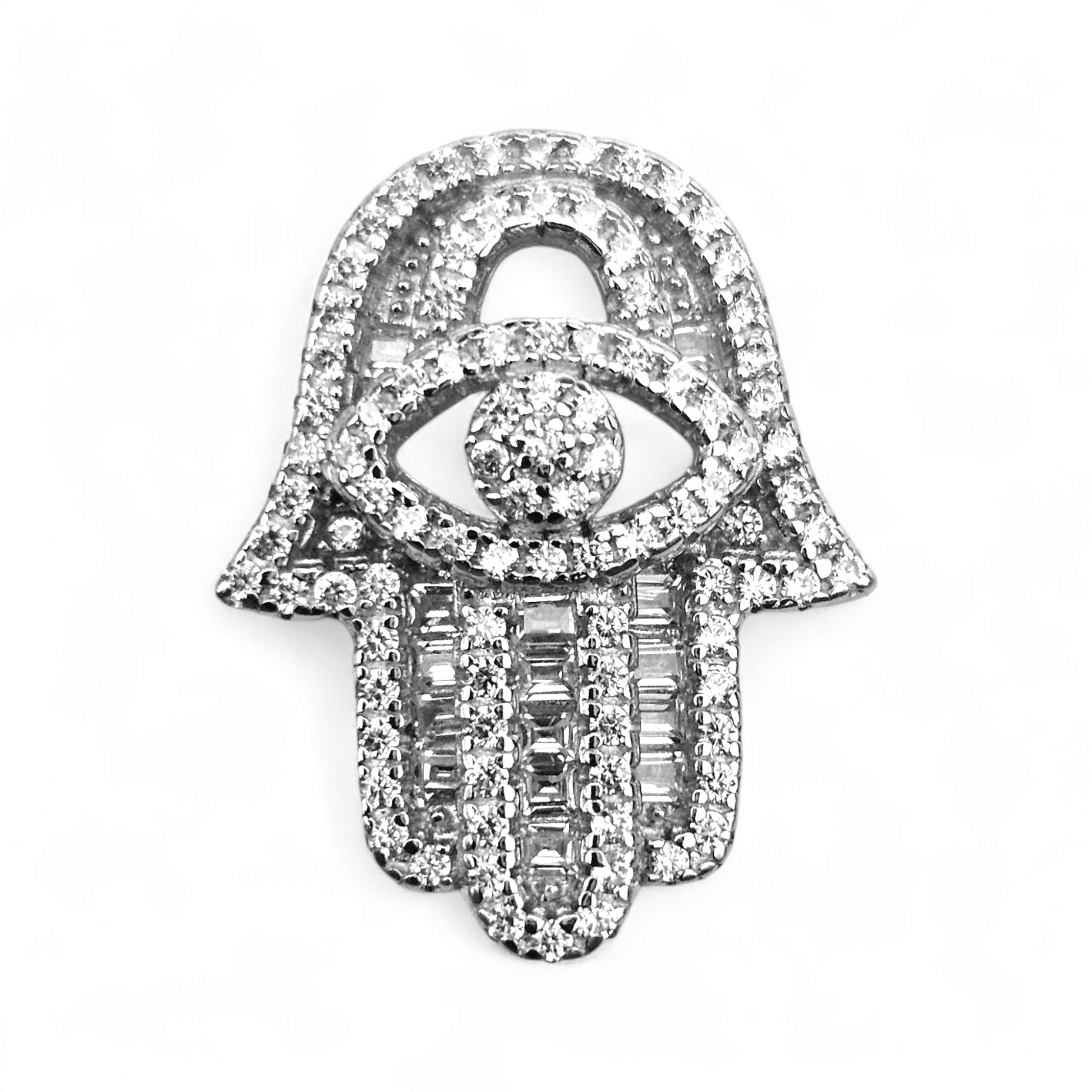 Hamsa Hand Silver 925 Pendant with White Cubic Zirconia for Women or Men