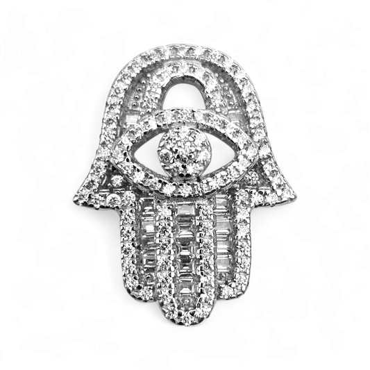 Hamsa Hand Silver 925 Pendant with White Cubic Zirconia for Women or Men