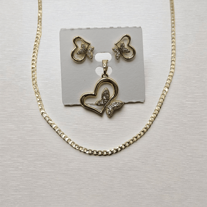 Heart and Butterfly 14k Gold Plated Earrings and Pendant Set