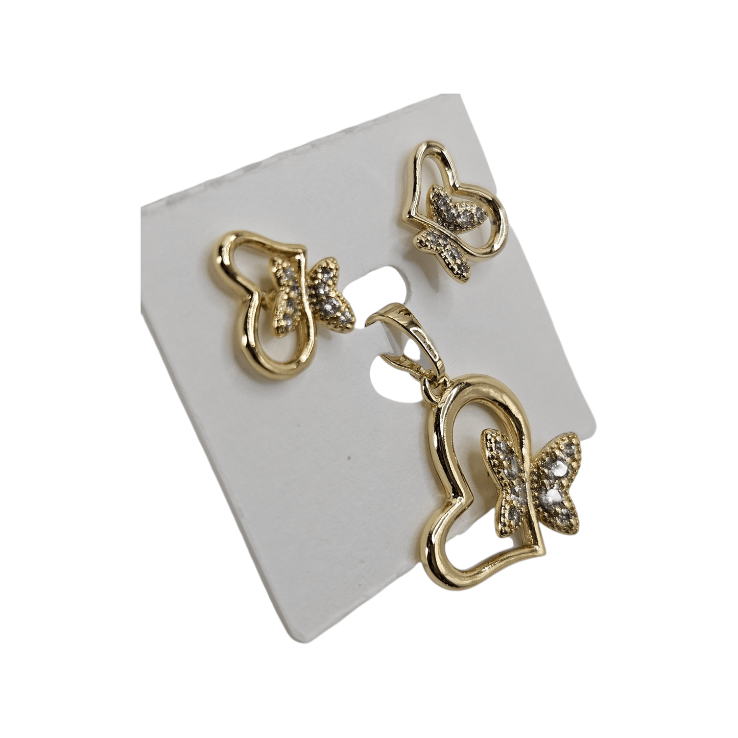 Heart and Butterfly 14k Gold Plated Earrings and Pendant Set