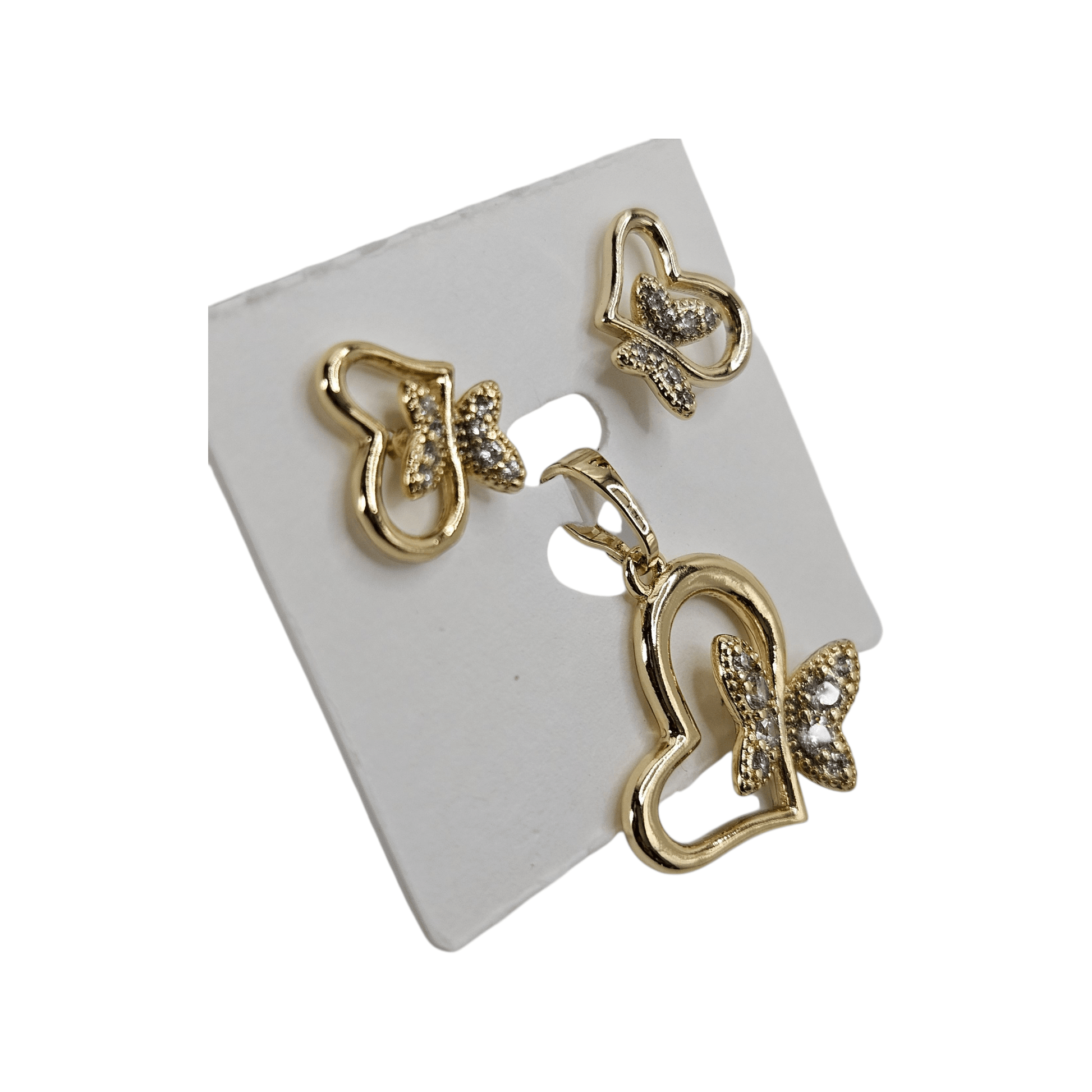 Heart and Butterfly 14k Gold Plated Earrings and Pendant Set