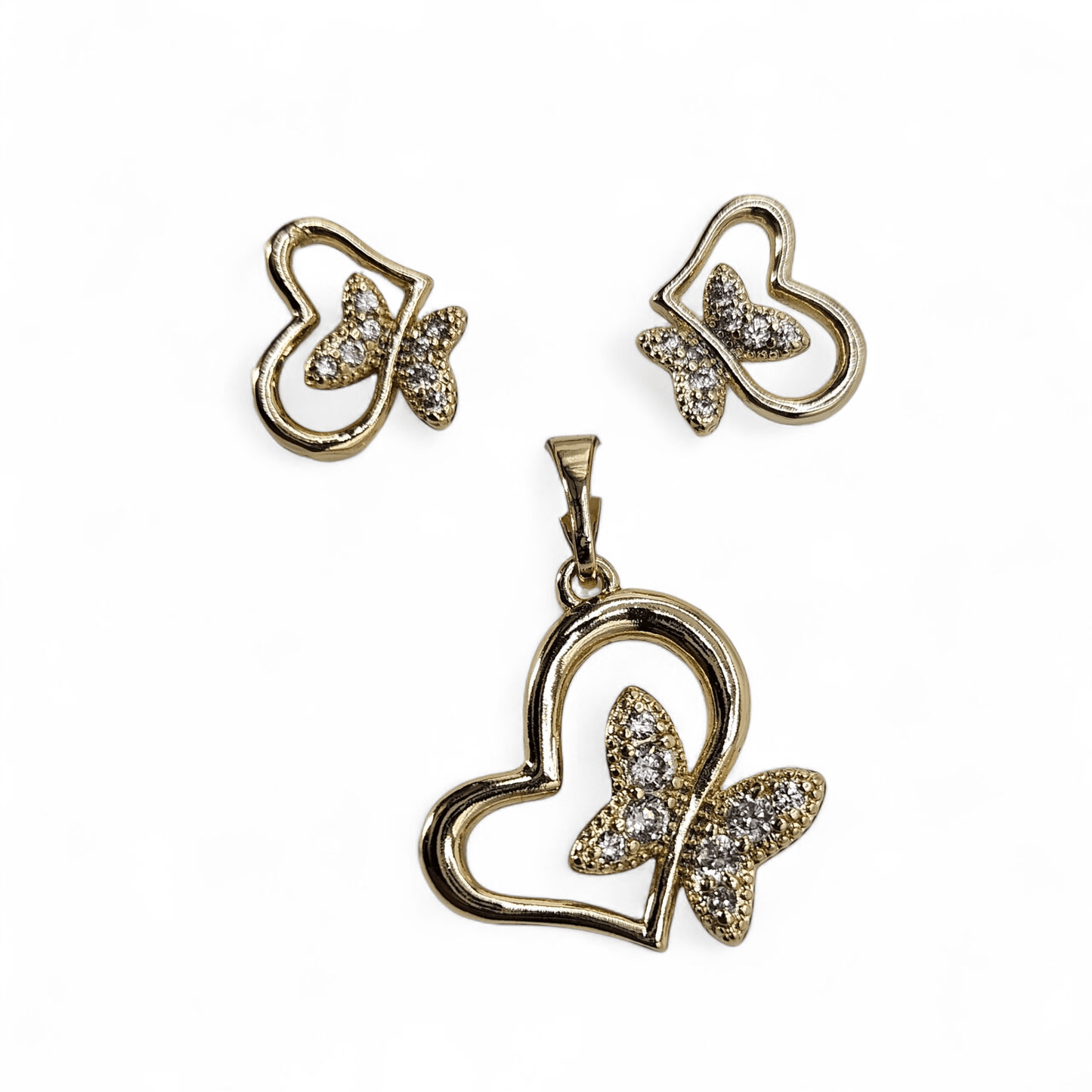 Heart and Butterfly 14k Gold Plated Earrings and Pendant Set