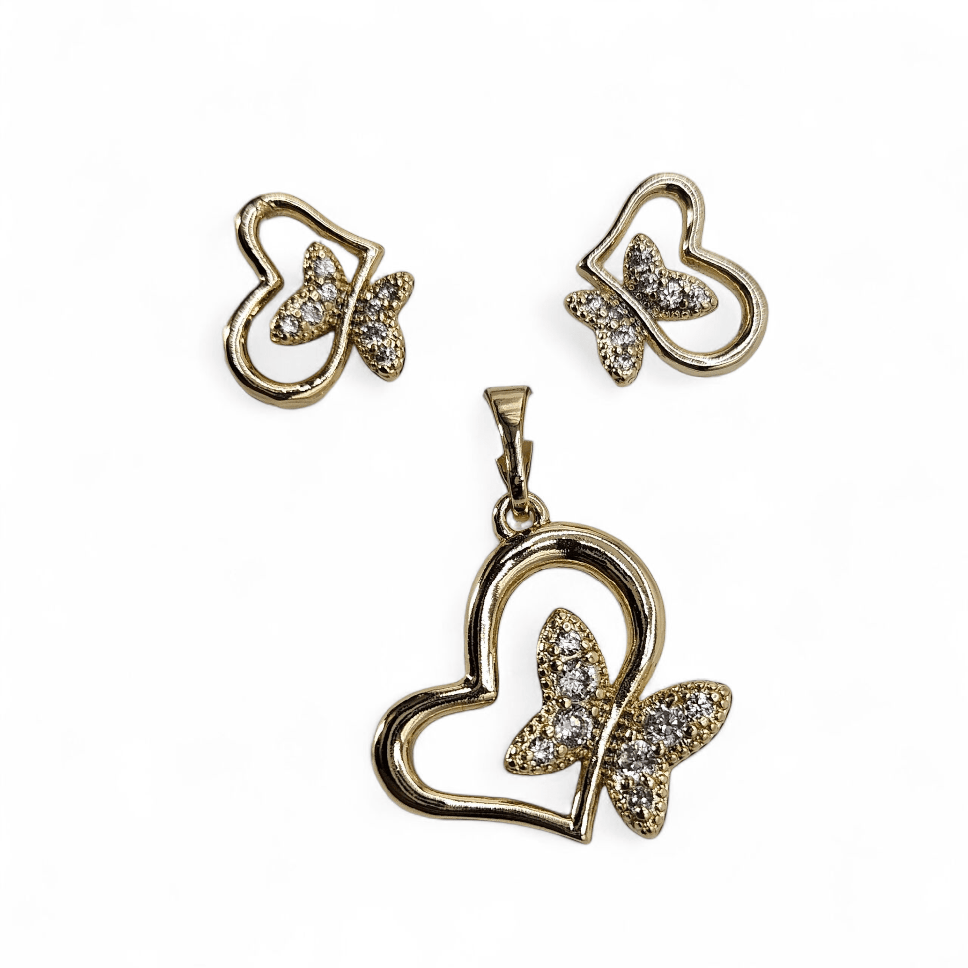 Heart and Butterfly 14k Gold Plated Earrings and Pendant Set